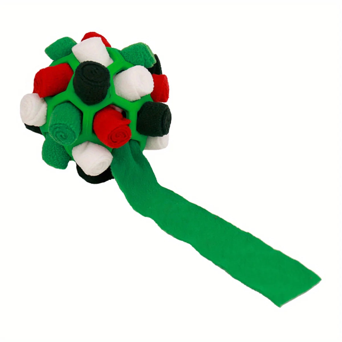 Happy dog using SniffSphere snuffle ball mental stimulation toy