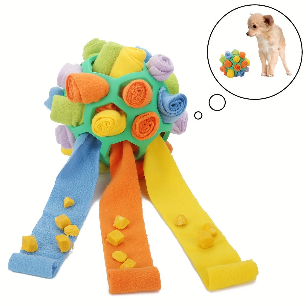SniffSphere snuffle ball with dog sniffing out hidden treats